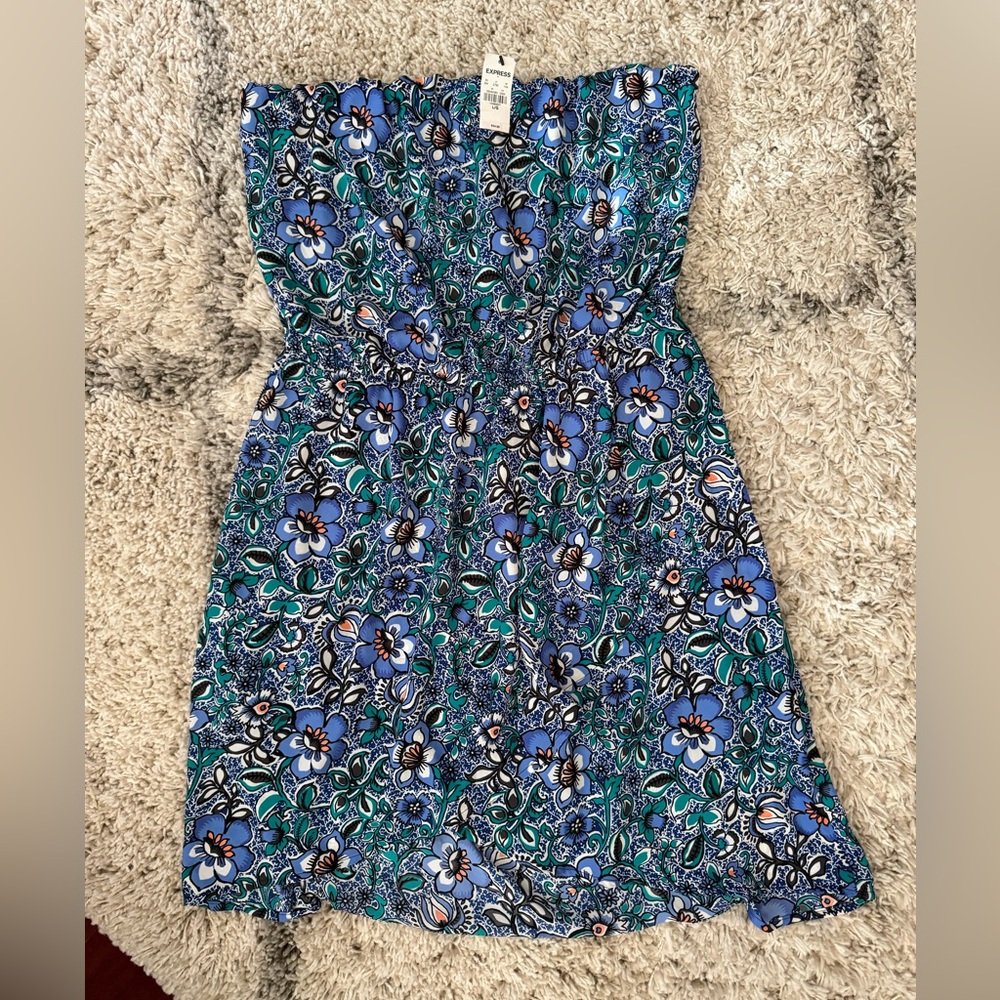 Express Blue Floral Strapless Dress